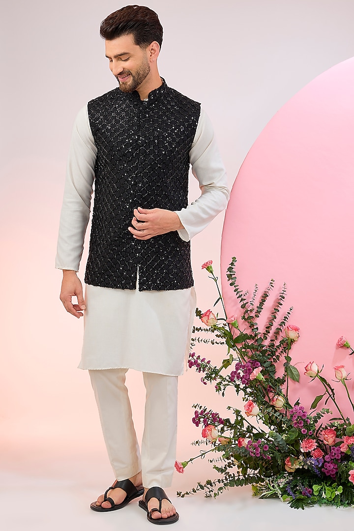 Black Silk Cutdana Embroidered Nehru Jacket by Kasbah Clothing