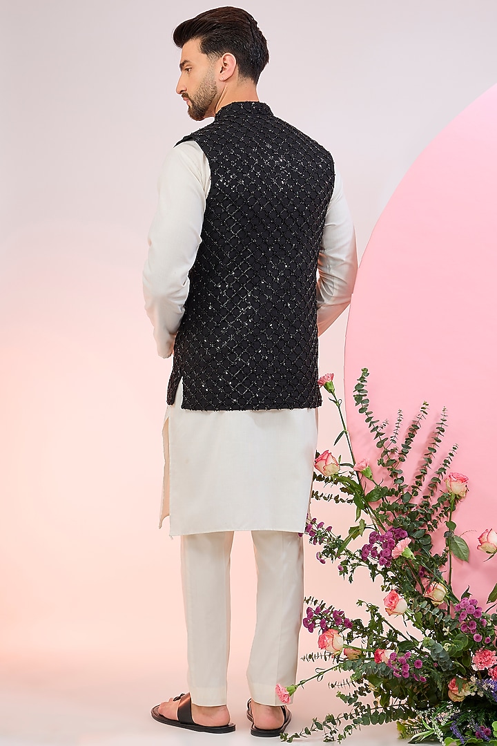 Black Silk Cutdana Embroidered Nehru Jacket by Kasbah Clothing at Pernia's Pop Up Shop