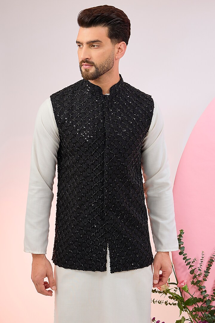 Black Silk Cutdana Embroidered Nehru Jacket by Kasbah Clothing at Pernia's Pop Up Shop