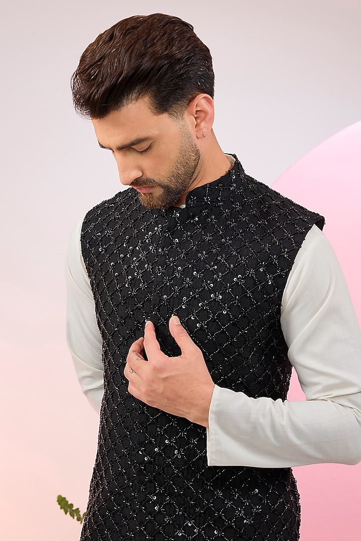 Black Silk Cutdana Embroidered Nehru Jacket by Kasbah Clothing at Pernia's Pop Up Shop