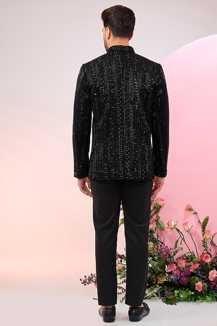 Black Velvet Cutdana Embellished Wedding Bandhgala by Kasbah Clothing at Pernia's Pop Up Shop