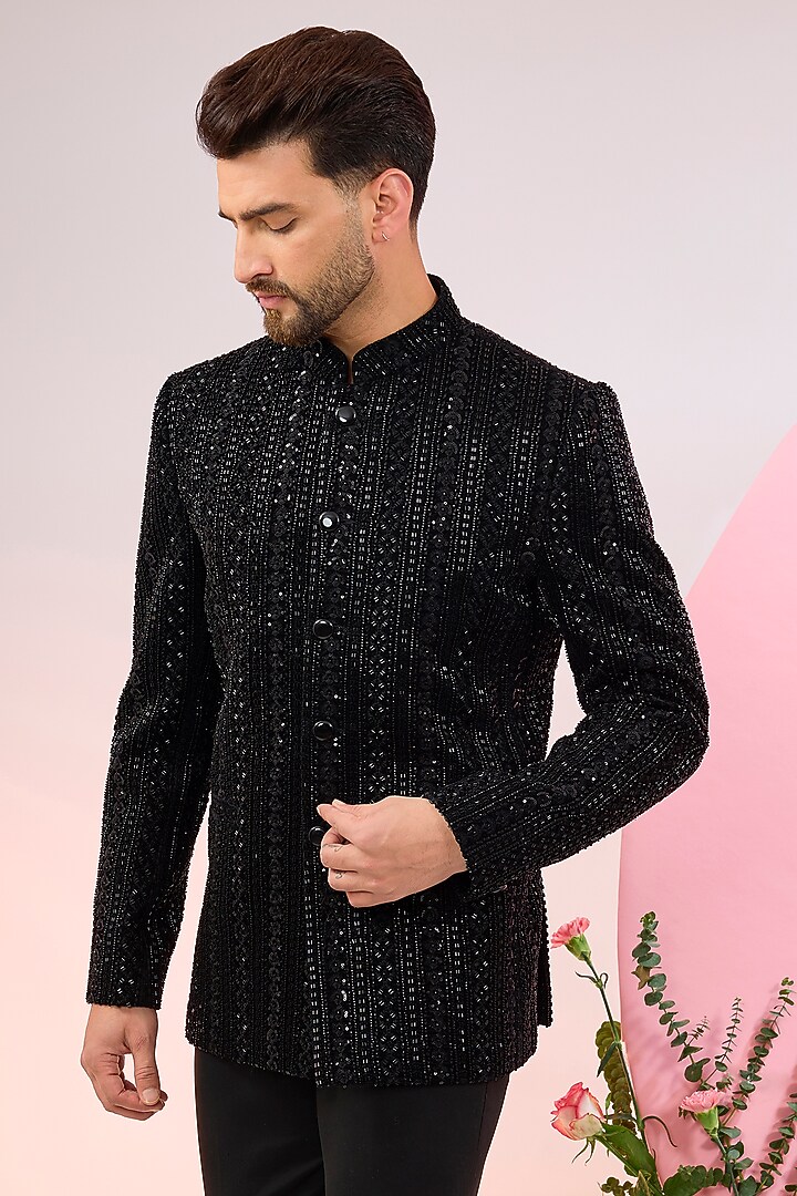 Black Velvet Cutdana Embellished Wedding Bandhgala by Kasbah Clothing at Pernia's Pop Up Shop