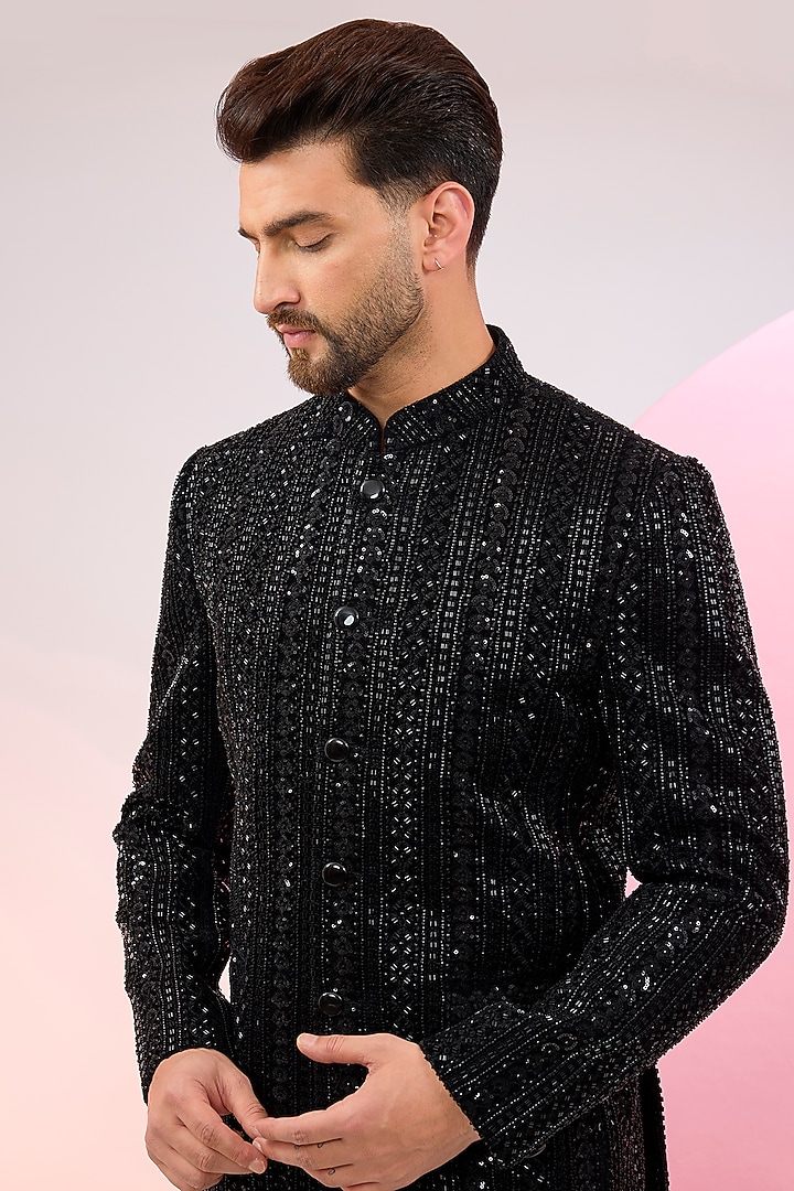 Black Velvet Cutdana Embellished Wedding Bandhgala by Kasbah Clothing at Pernia's Pop Up Shop