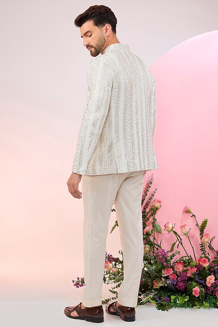 Ivory Velvet Cutdana Embellished Wedding Bandhgala by Kasbah Clothing at Pernia's Pop Up Shop