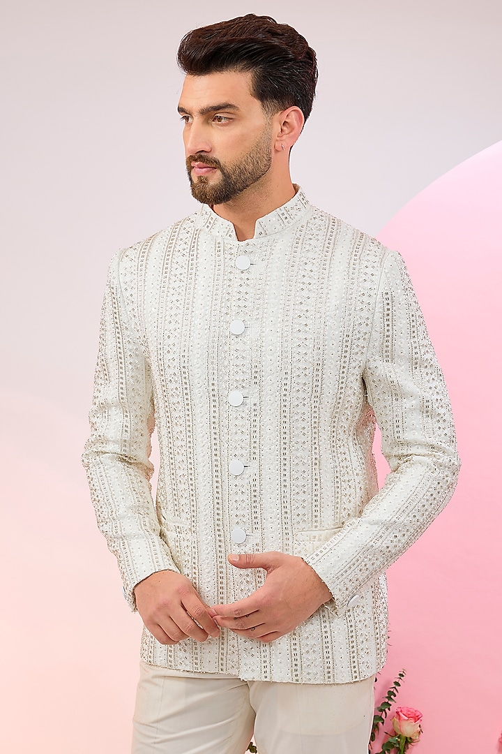 Ivory Velvet Cutdana Embellished Wedding Bandhgala by Kasbah Clothing at Pernia's Pop Up Shop