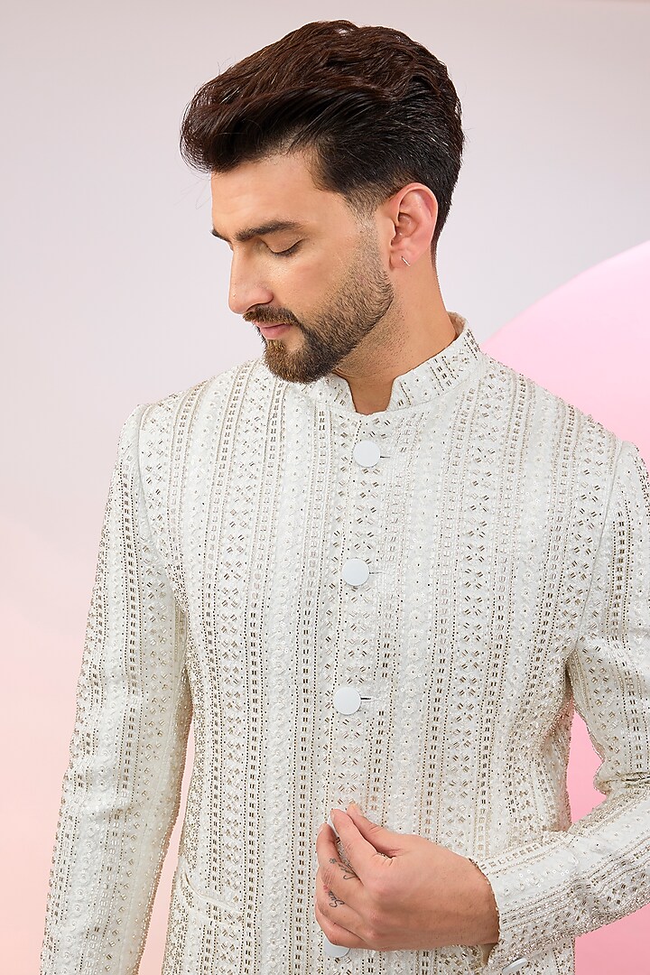 Ivory Velvet Cutdana Embellished Wedding Bandhgala by Kasbah Clothing at Pernia's Pop Up Shop