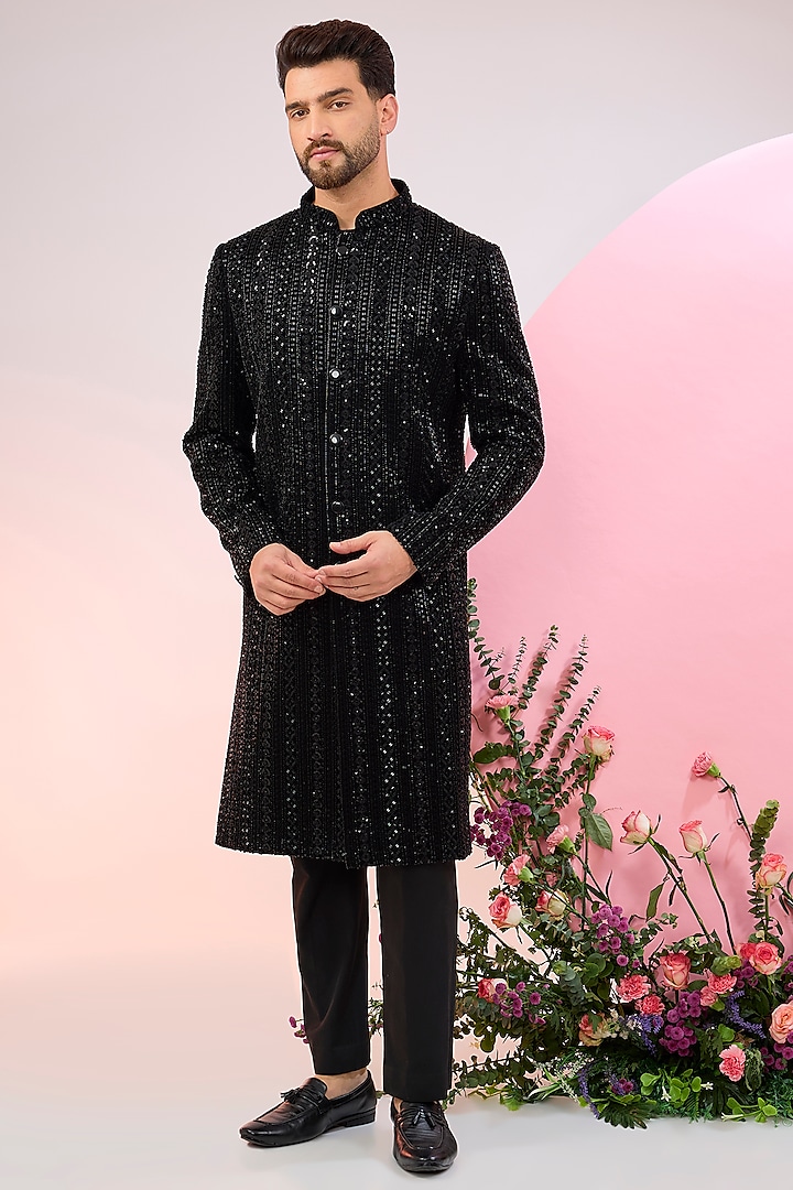 Black Velvet Cutdana Embellished Sherwani by Kasbah Clothing