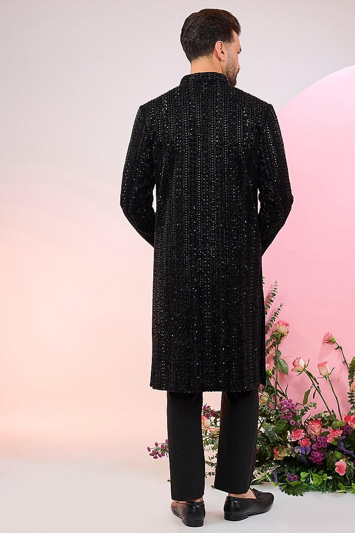 Black Velvet Cutdana Embellished Wedding Sherwani by Kasbah Clothing at Pernia's Pop Up Shop