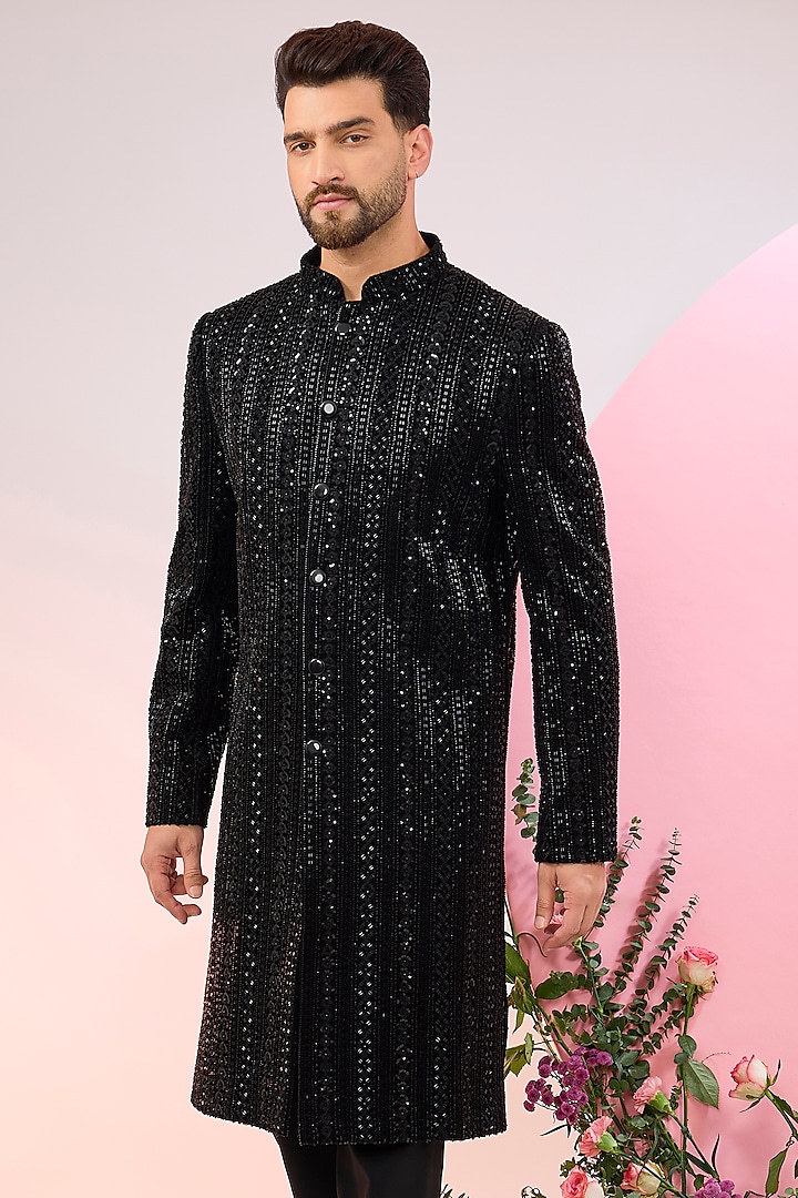 Black Velvet Cutdana Embellished Wedding Sherwani by Kasbah Clothing at Pernia's Pop Up Shop