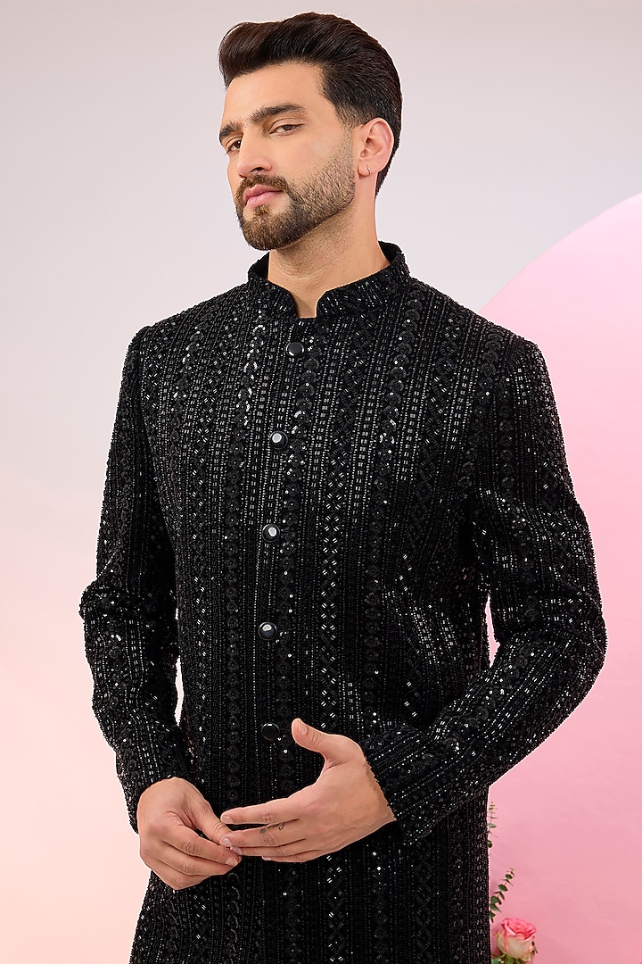 Black Velvet Cutdana Embellished Wedding Sherwani by Kasbah Clothing at Pernia's Pop Up Shop