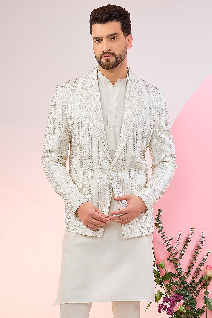 White Velvet Cutdana Embellished Blazer by Kasbah Clothing at Pernia's Pop Up Shop