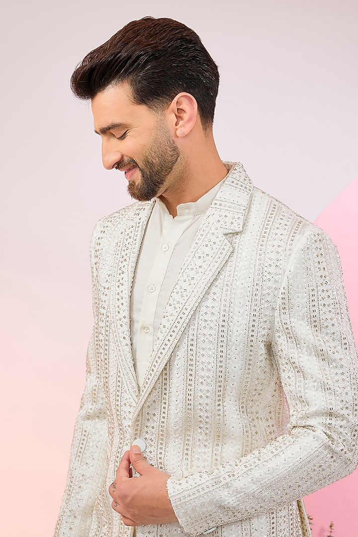 White Velvet Cutdana Embellished Blazer by Kasbah Clothing at Pernia's Pop Up Shop