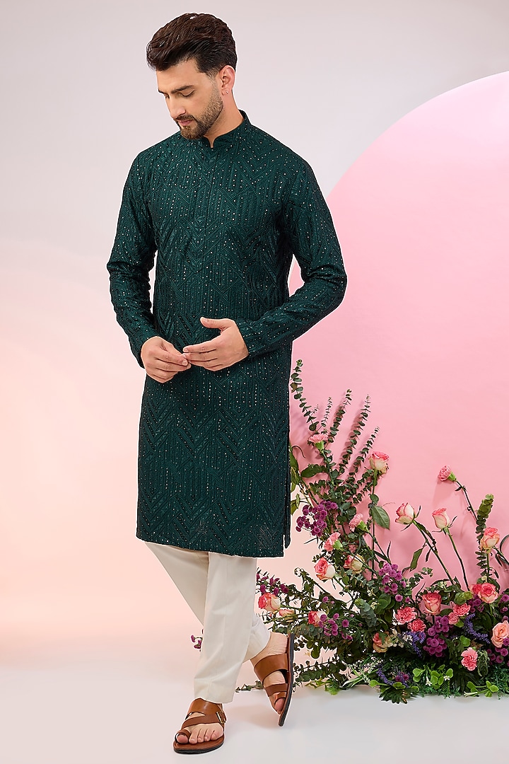 Bottle Green Silk Mirror Work Chikankari Kurta by Kasbah Clothing