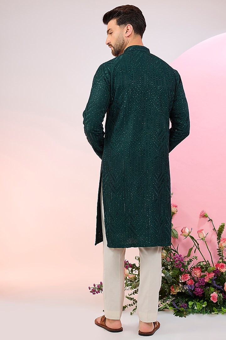 Bottle Green Silk Mirror Work Chikankari Kurta by Kasbah Clothing at Pernia's Pop Up Shop