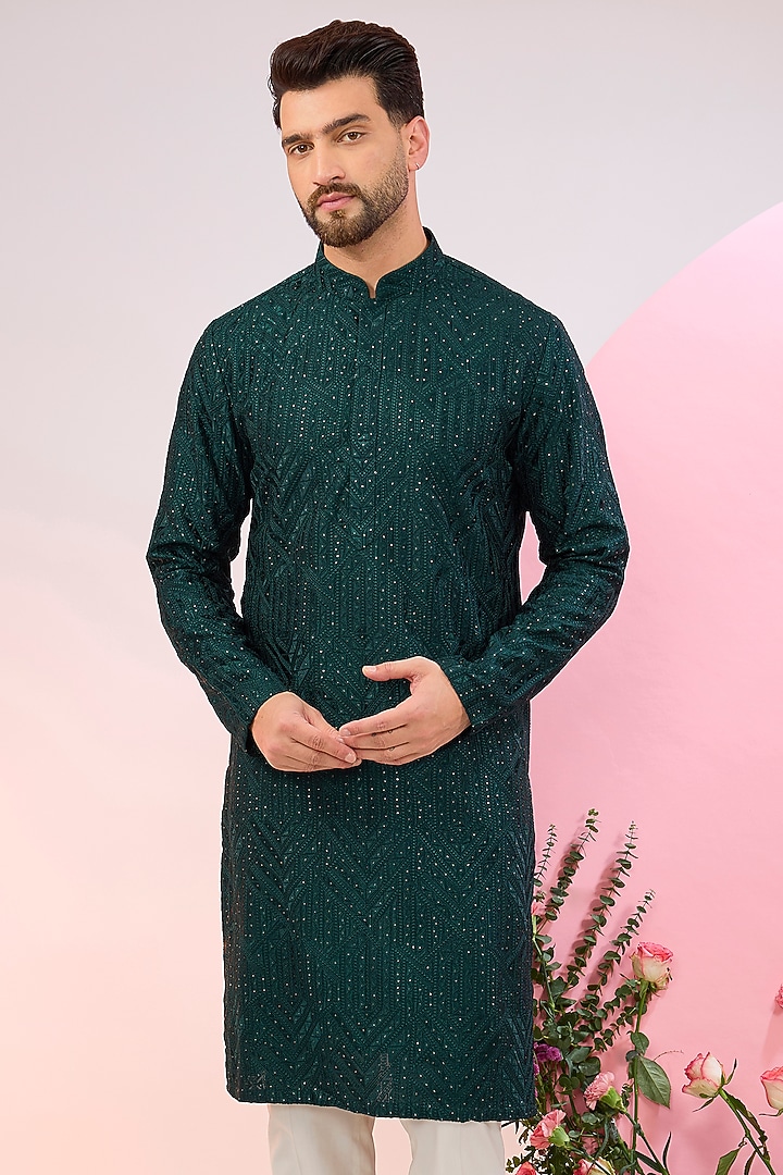 Bottle Green Silk Mirror Work Chikankari Kurta by Kasbah Clothing at Pernia's Pop Up Shop