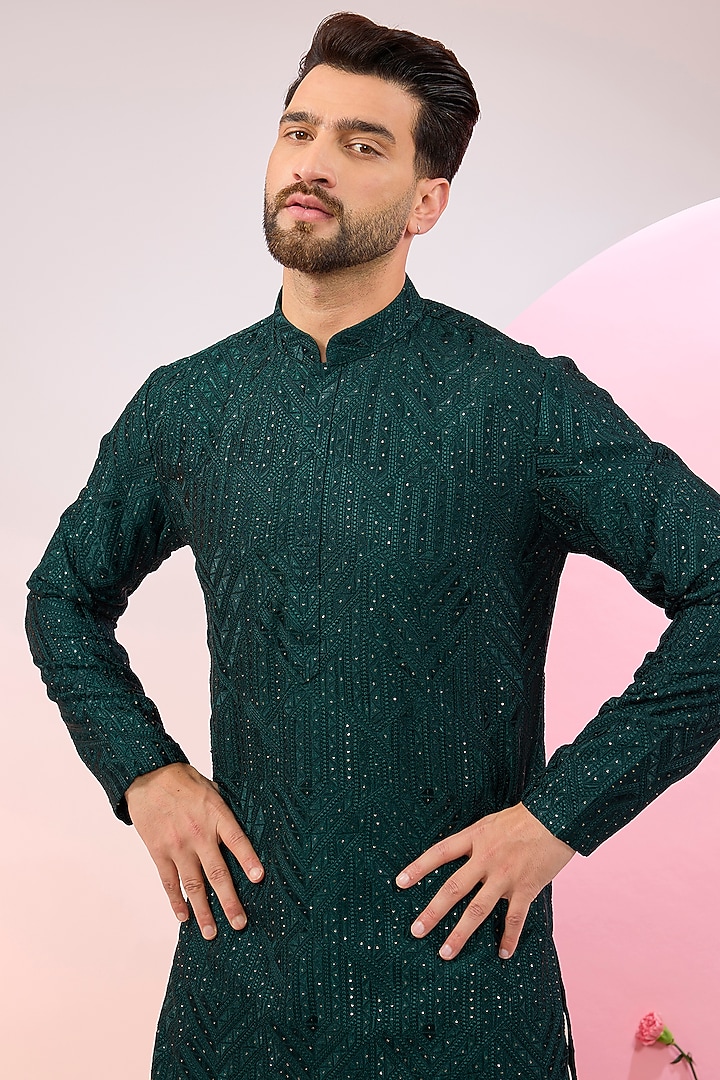 Bottle Green Silk Mirror Work Chikankari Kurta by Kasbah Clothing at Pernia's Pop Up Shop