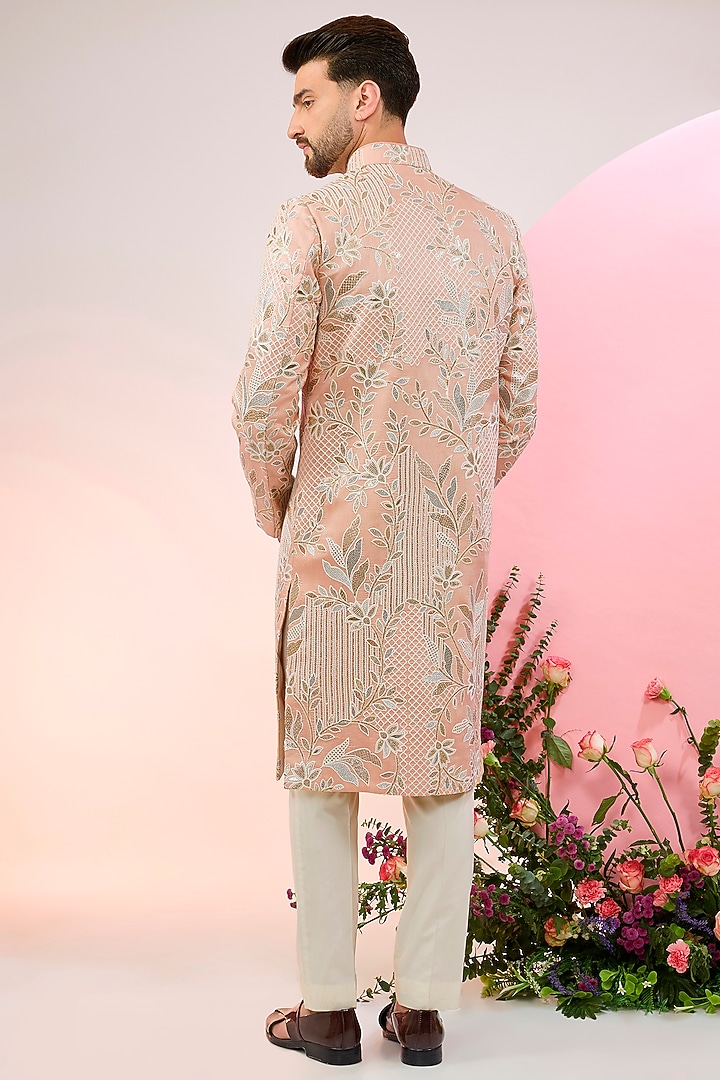 Peach Silk Sequins Embellished Wedding Sherwani by Kasbah Clothing at Pernia's Pop Up Shop