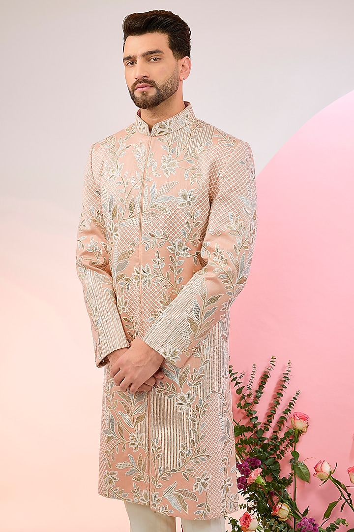 Peach Silk Sequins Embellished Wedding Sherwani by Kasbah Clothing at Pernia's Pop Up Shop