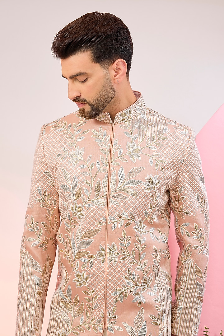 Peach Silk Sequins Embellished Wedding Sherwani by Kasbah Clothing at Pernia's Pop Up Shop
