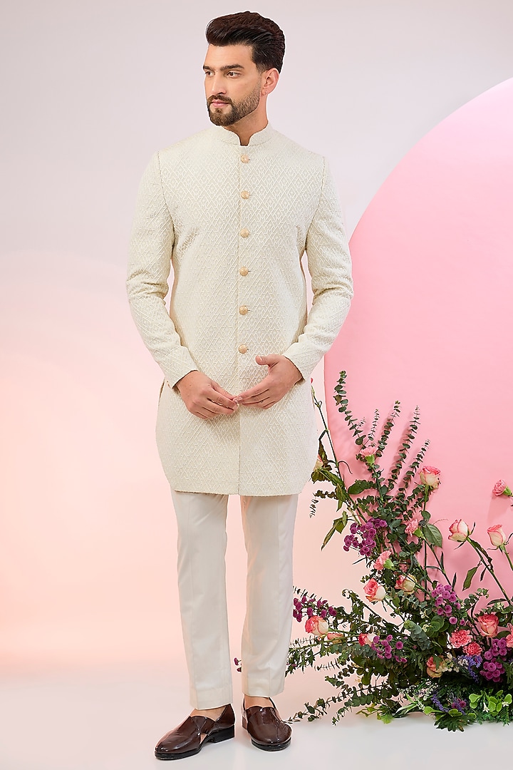 Ivory Chanderi Silk Embroidered Sherwani by Kasbah Clothing