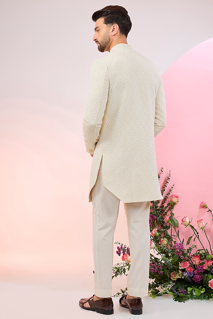 Ivory Chanderi Silk Embroidered Wedding Sherwani by Kasbah Clothing at Pernia's Pop Up Shop