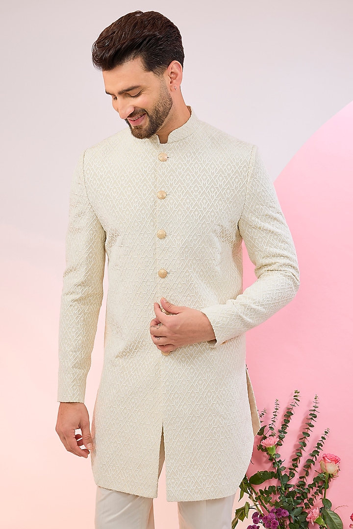Ivory Chanderi Silk Embroidered Wedding Sherwani by Kasbah Clothing at Pernia's Pop Up Shop