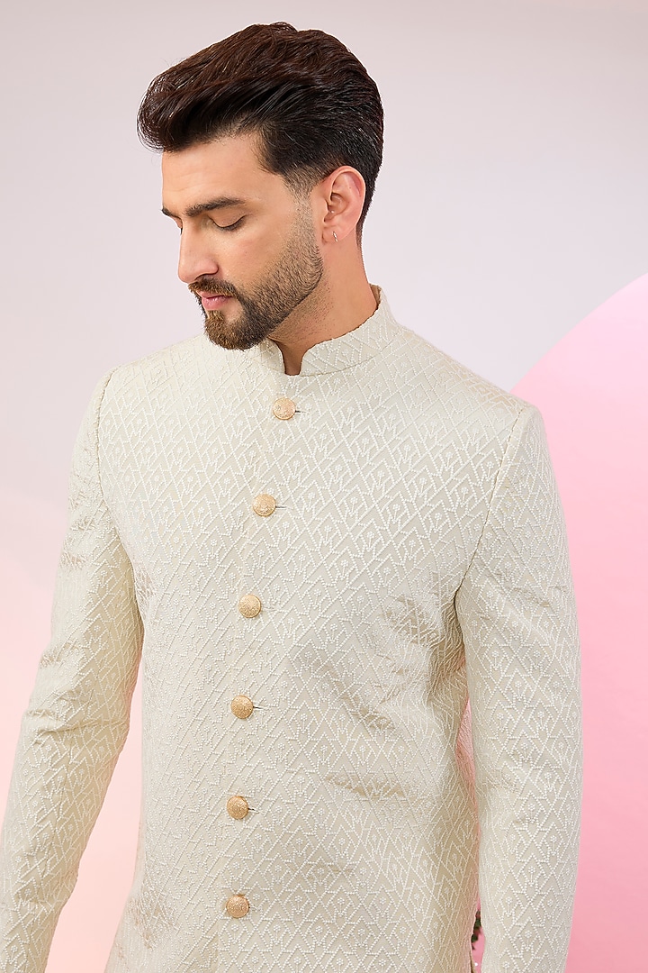 Ivory Chanderi Silk Embroidered Wedding Sherwani by Kasbah Clothing at Pernia's Pop Up Shop