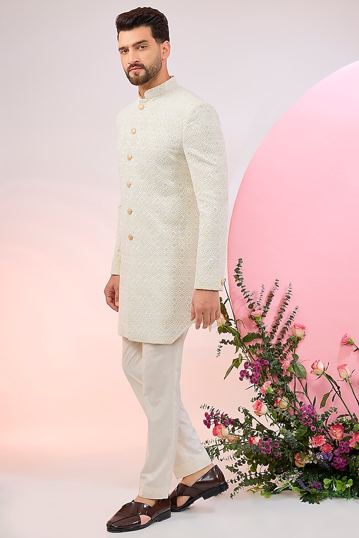 Cream Chanderi Silk Embroidered Sherwani by Kasbah Clothing