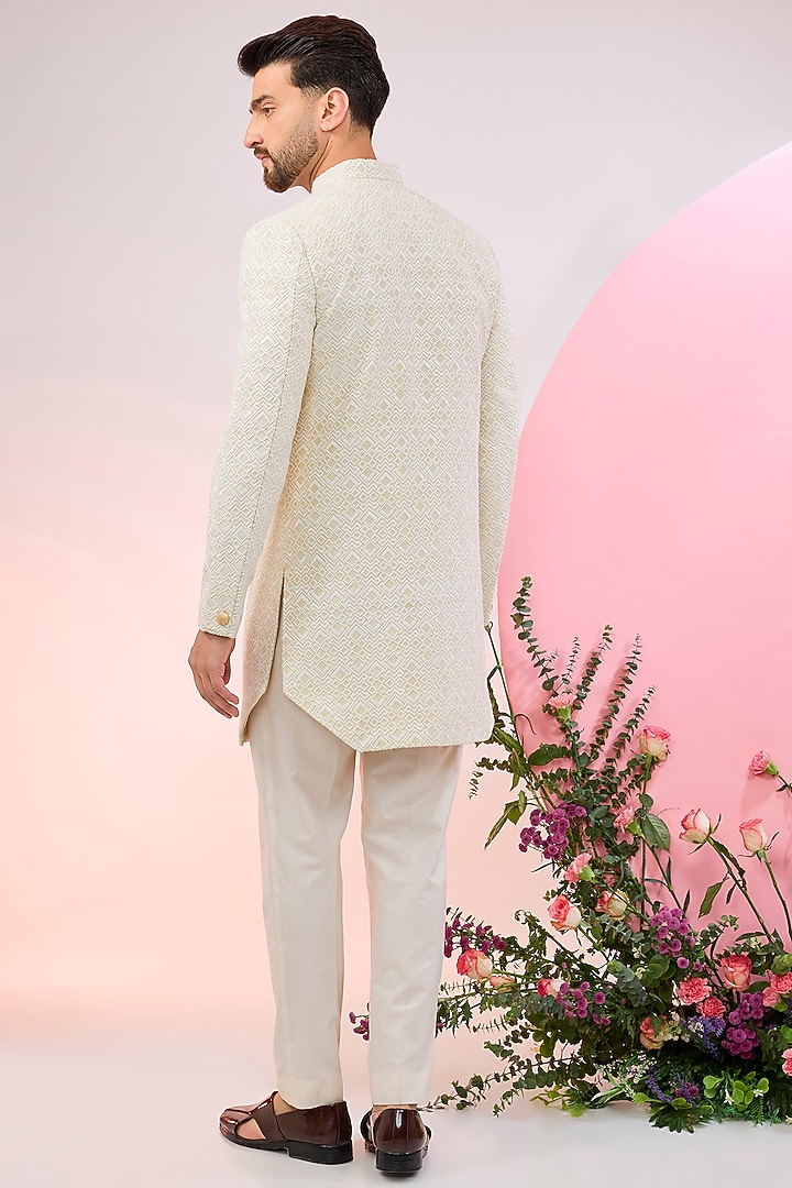 Cream Chanderi Silk Embroidered Wedding Sherwani by Kasbah Clothing at Pernia's Pop Up Shop