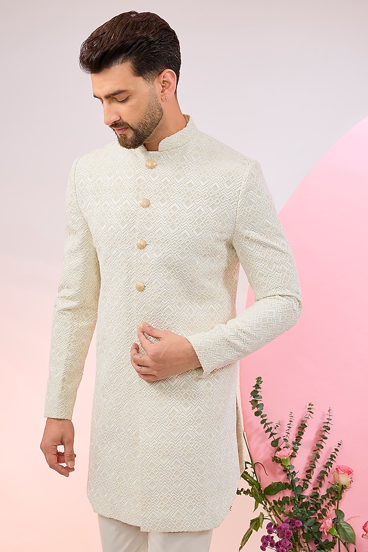 Cream Chanderi Silk Embroidered Wedding Sherwani by Kasbah Clothing at Pernia's Pop Up Shop