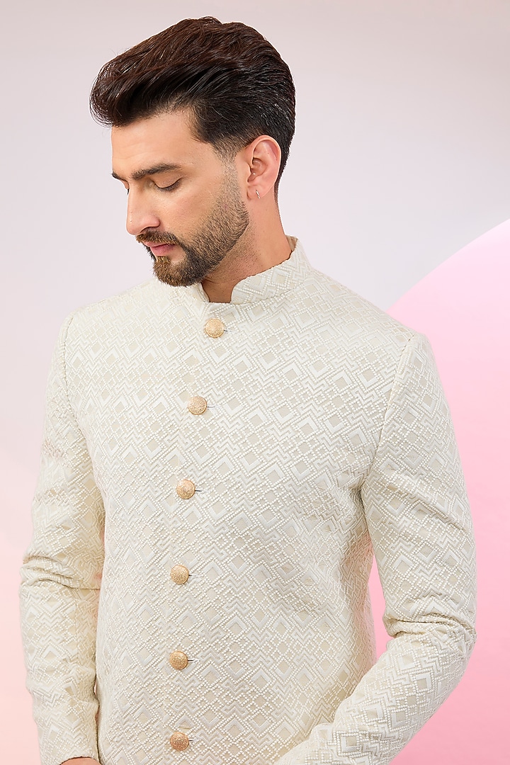 Cream Chanderi Silk Embroidered Wedding Sherwani by Kasbah Clothing at Pernia's Pop Up Shop