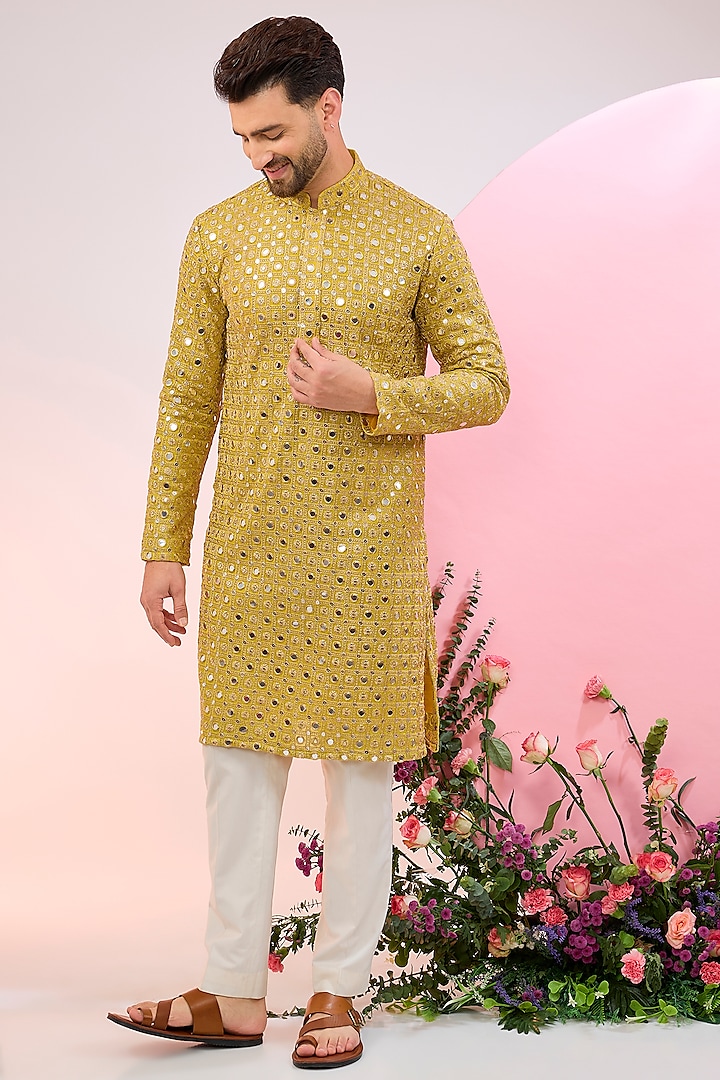 Yellow Georgette Zari Embroidered Kurta by Kasbah Clothing