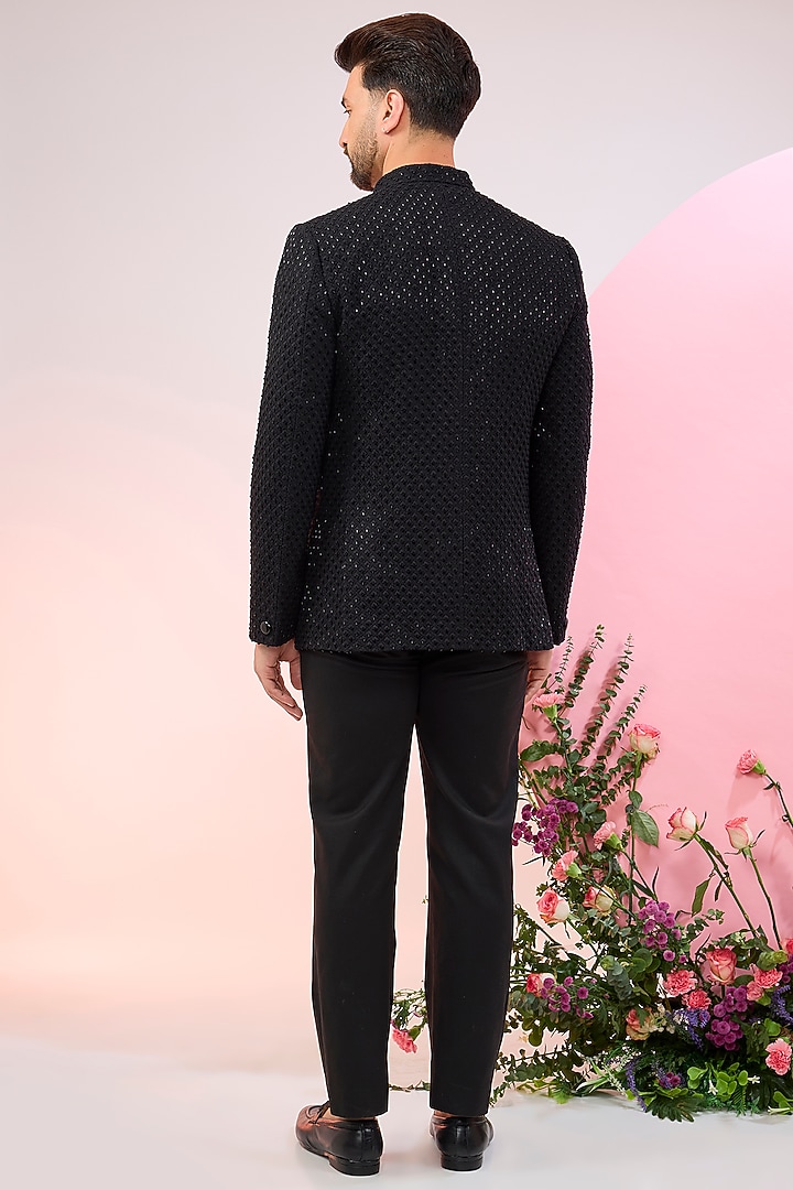 Black Silk Cutdana Embroidered Wedding Bandhgala by Kasbah Clothing at Pernia's Pop Up Shop