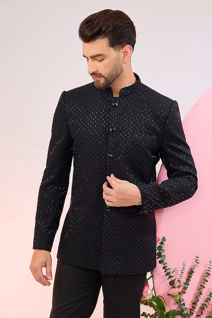 Black Silk Cutdana Embroidered Wedding Bandhgala by Kasbah Clothing at Pernia's Pop Up Shop