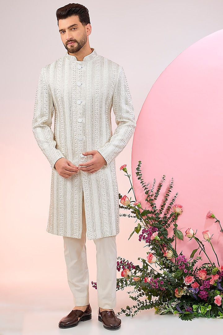 White Velvet Cutdana Embellished Sherwani by Kasbah Clothing