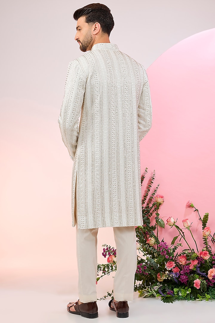 White Velvet Cutdana Embellished Wedding Sherwani by Kasbah Clothing at Pernia's Pop Up Shop
