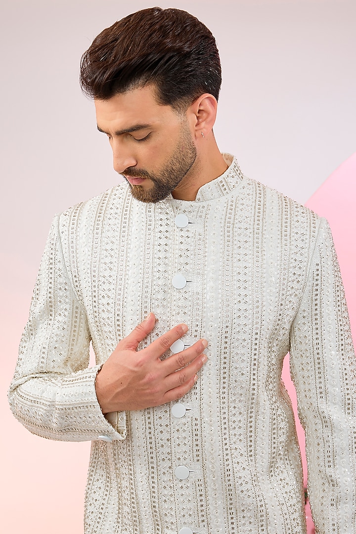 White Velvet Cutdana Embellished Wedding Sherwani by Kasbah Clothing at Pernia's Pop Up Shop