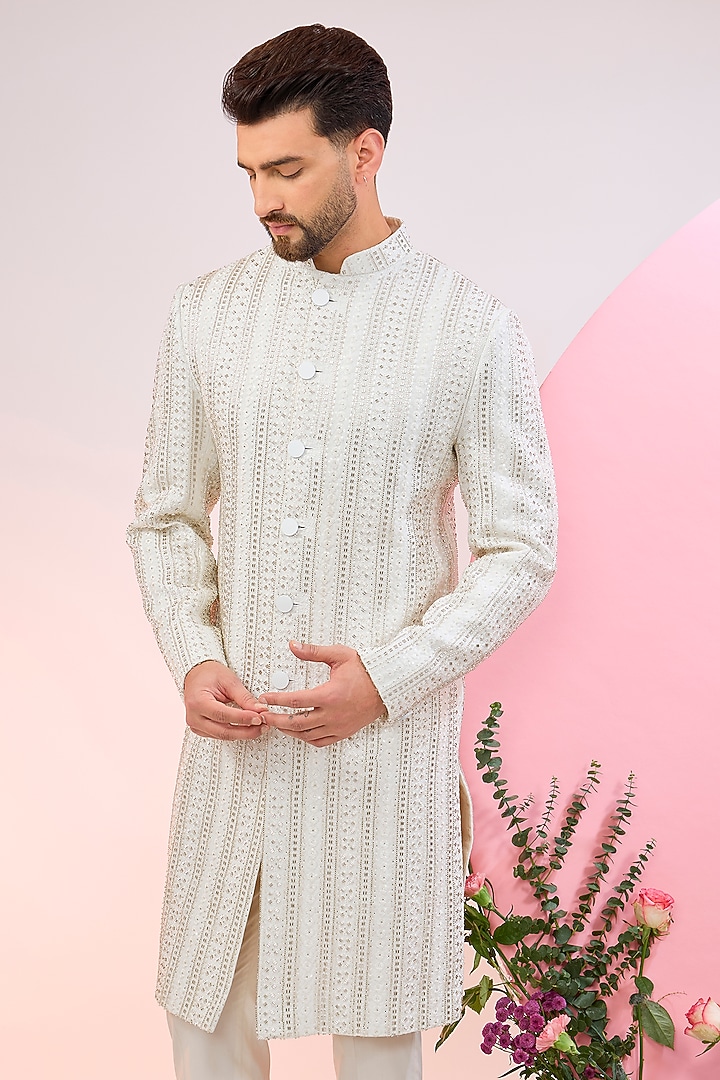 White Velvet Cutdana Embellished Wedding Sherwani by Kasbah Clothing at Pernia's Pop Up Shop