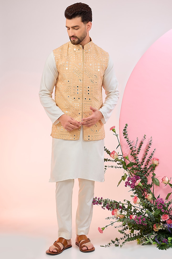 Beige Silk Mirror Work Nehru Jacket by Kasbah Clothing