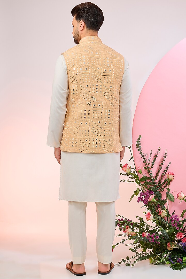 Beige Silk Mirror Work Nehru Jacket by Kasbah Clothing at Pernia's Pop Up Shop