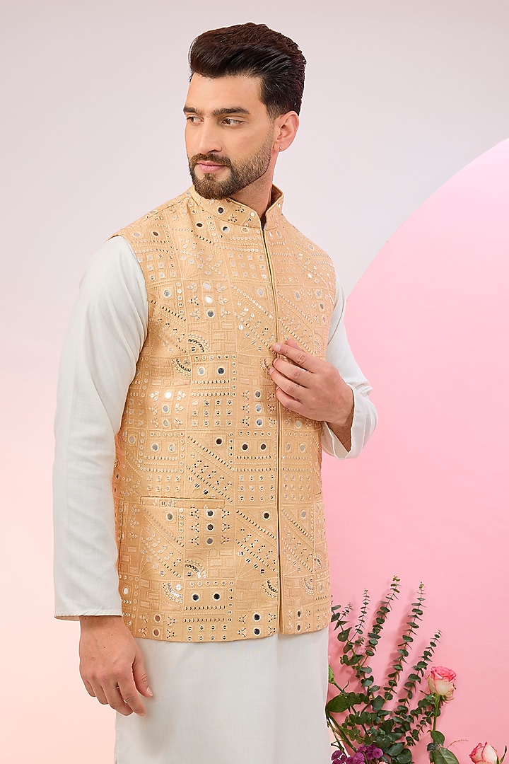 Beige Silk Mirror Work Nehru Jacket by Kasbah Clothing at Pernia's Pop Up Shop