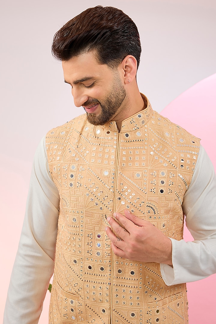 Beige Silk Mirror Work Nehru Jacket by Kasbah Clothing at Pernia's Pop Up Shop