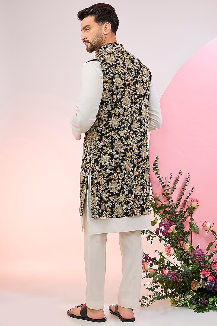 Black Georgette Sequins Embroidered Indowestern Jacket by Kasbah Clothing at Pernia's Pop Up Shop