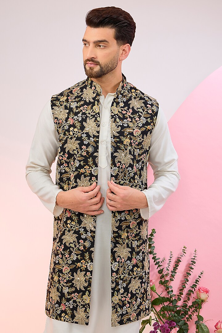 Black Georgette Sequins Embroidered Indowestern Jacket by Kasbah Clothing at Pernia's Pop Up Shop