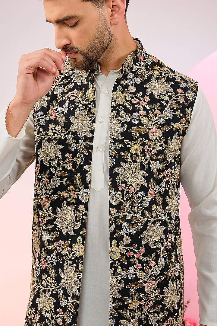 Black Georgette Sequins Embroidered Indowestern Jacket by Kasbah Clothing at Pernia's Pop Up Shop