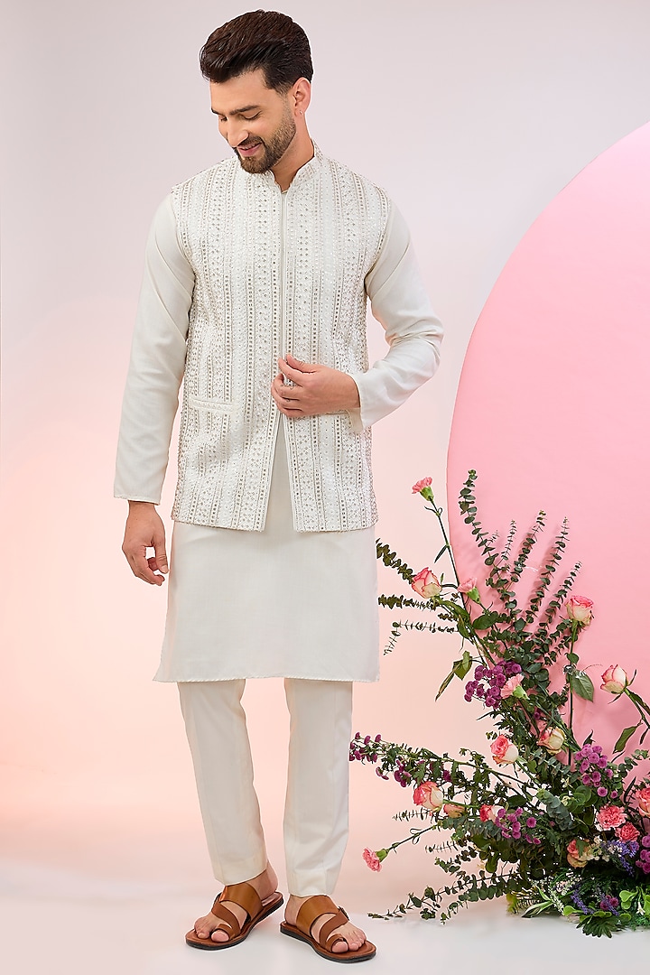 Ivory Velvet Cutdana Work Nehru Jacket by Kasbah Clothing