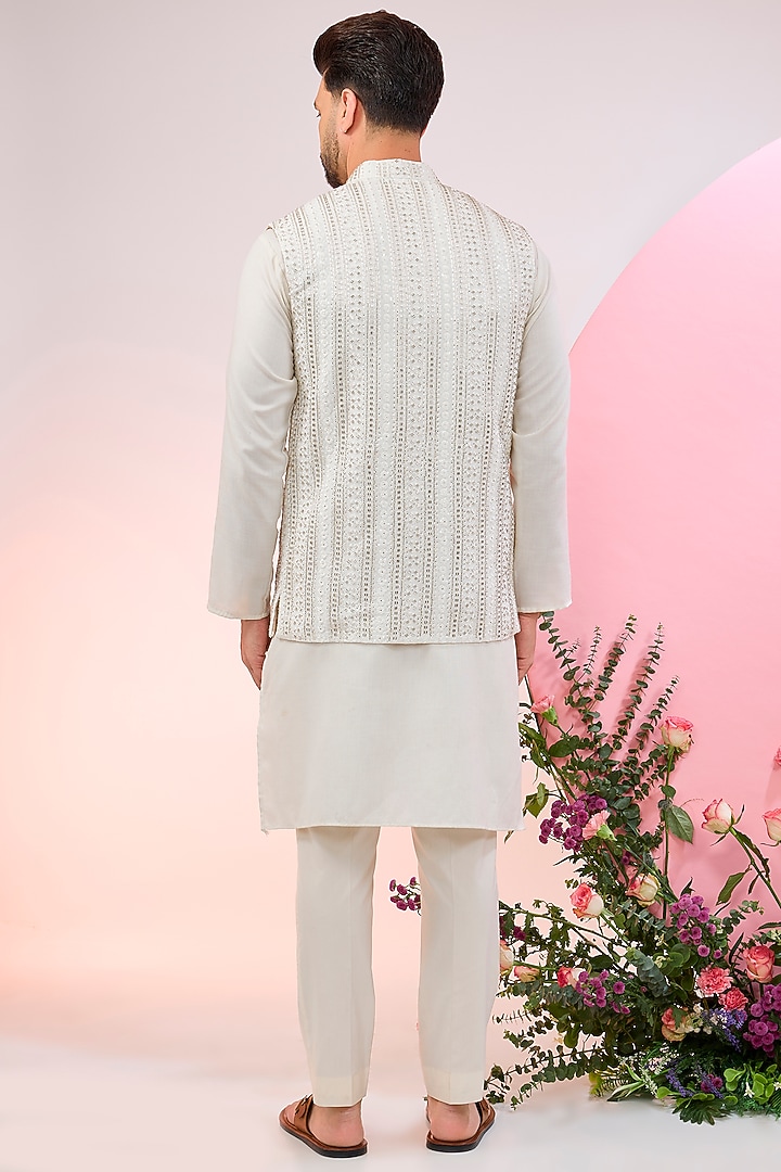 Ivory Velvet Cutdana Work Nehru Jacket by Kasbah Clothing at Pernia's Pop Up Shop