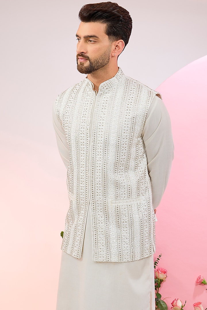 Ivory Velvet Cutdana Work Nehru Jacket by Kasbah Clothing at Pernia's Pop Up Shop