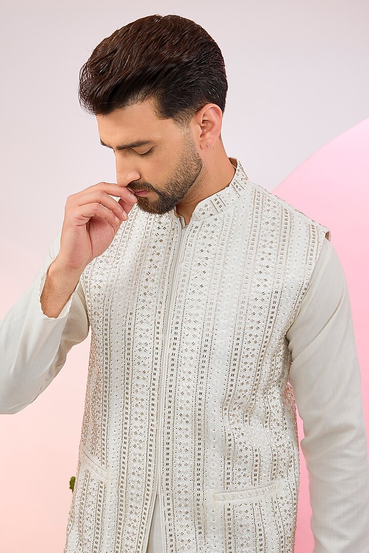 Ivory Velvet Cutdana Work Nehru Jacket by Kasbah Clothing at Pernia's Pop Up Shop