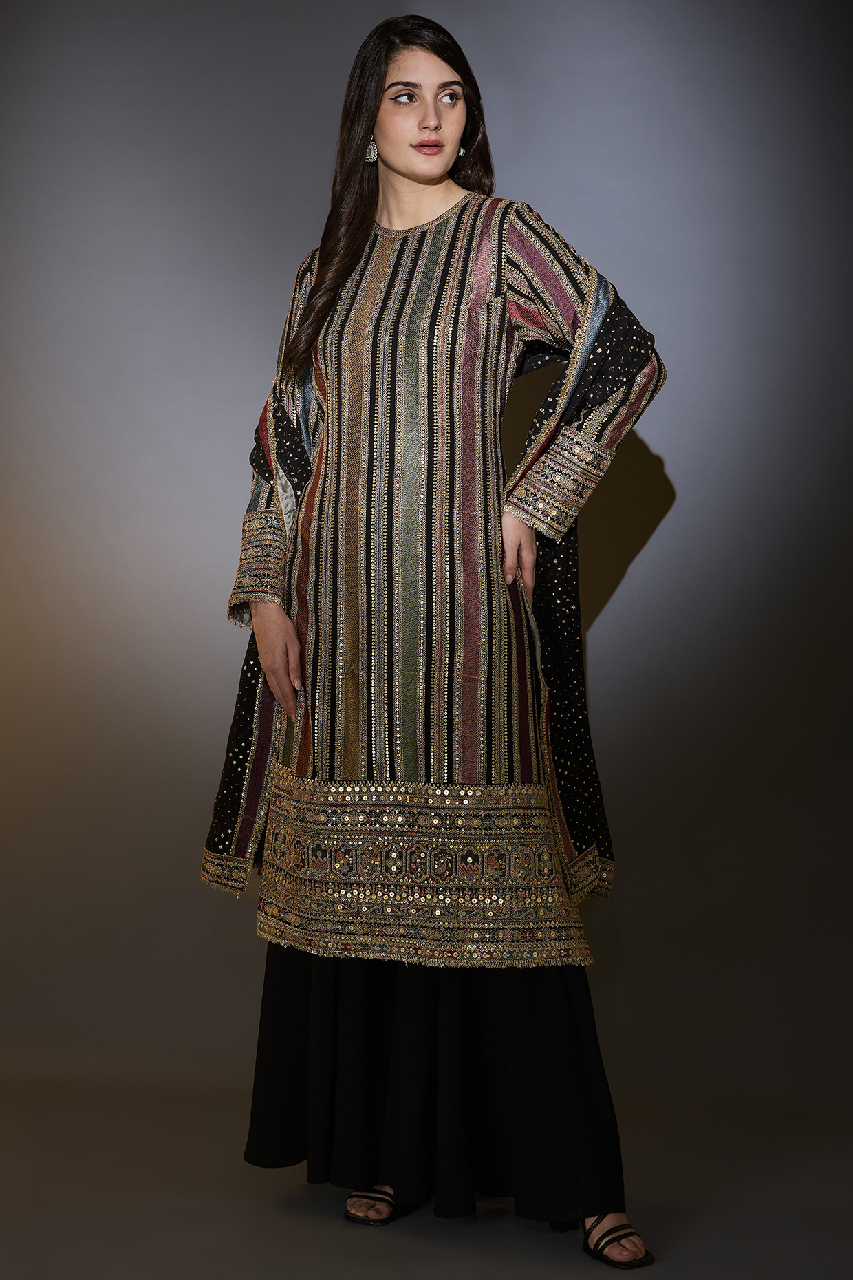 Multi-Colored Georgette Zari Work Striped Kurta Set by Kasbah at Pernia's Pop Up Shop